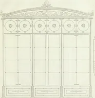 An illustration from Die Mappe des Bautischlers : oder, Ideen zu Thorwegen, Hausthüren, Doppelthüren, Vorsetzern, Stubenthüren, Gewölbethüren, Glasthüren, Bogen- und andern Fenstern, mit ihrem vergrössert dargestellten Grund- und Profilriss und dem beigefügten Maassstabe : zum Gebrauche für Architecten, Decorateurs, Baugewerken, Tischler, Glaser, Bildhauer und Freunde der Baukunst : mit besonderer Rücksicht auf leichte Ausführbarkeit der im Praktischen oft schwer zu hebenden Schwierigkeiten und auf die Anwendung bei alten, neu zu decorirenden Gebäuden : auch als Vorlegeblätter anwendbar (1832)