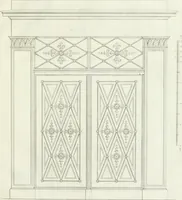 An illustration from Die Mappe des Bautischlers : oder, Ideen zu Thorwegen, Hausthüren, Doppelthüren, Vorsetzern, Stubenthüren, Gewölbethüren, Glasthüren, Bogen- und andern Fenstern, mit ihrem vergrössert dargestellten Grund- und Profilriss und dem beigefügten Maassstabe : zum Gebrauche für Architecten, Decorateurs, Baugewerken, Tischler, Glaser, Bildhauer und Freunde der Baukunst : mit besonderer Rücksicht auf leichte Ausführbarkeit der im Praktischen oft schwer zu hebenden Schwierigkeiten und auf die Anwendung bei alten, neu zu decorirenden Gebäuden : auch als Vorlegeblätter anwendbar (1832)