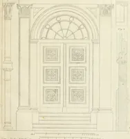 An illustration from Die Mappe des Bautischlers : oder, Ideen zu Thorwegen, Hausthüren, Doppelthüren, Vorsetzern, Stubenthüren, Gewölbethüren, Glasthüren, Bogen- und andern Fenstern, mit ihrem vergrössert dargestellten Grund- und Profilriss und dem beigefügten Maassstabe : zum Gebrauche für Architecten, Decorateurs, Baugewerken, Tischler, Glaser, Bildhauer und Freunde der Baukunst : mit besonderer Rücksicht auf leichte Ausführbarkeit der im Praktischen oft schwer zu hebenden Schwierigkeiten und auf die Anwendung bei alten, neu zu decorirenden Gebäuden : auch als Vorlegeblätter anwendbar (1832)
