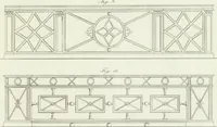 An illustration from Die Mappe des Bautischlers : oder, Ideen zu Thorwegen, Hausthüren, Doppelthüren, Vorsetzern, Stubenthüren, Gewölbethüren, Glasthüren, Bogen- und andern Fenstern, mit ihrem vergrössert dargestellten Grund- und Profilriss und dem beigefügten Maassstabe : zum Gebrauche für Architecten, Decorateurs, Baugewerken, Tischler, Glaser, Bildhauer und Freunde der Baukunst : mit besonderer Rücksicht auf leichte Ausführbarkeit der im Praktischen oft schwer zu hebenden Schwierigkeiten und auf die Anwendung bei alten, neu zu decorirenden Gebäuden : auch als Vorlegeblätter anwendbar (1832)
