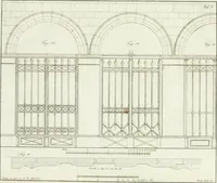 An illustration from Die Mappe des Bautischlers : oder, Ideen zu Thorwegen, Hausthüren, Doppelthüren, Vorsetzern, Stubenthüren, Gewölbethüren, Glasthüren, Bogen- und andern Fenstern, mit ihrem vergrössert dargestellten Grund- und Profilriss und dem beigefügten Maassstabe : zum Gebrauche für Architecten, Decorateurs, Baugewerken, Tischler, Glaser, Bildhauer und Freunde der Baukunst : mit besonderer Rücksicht auf leichte Ausführbarkeit der im Praktischen oft schwer zu hebenden Schwierigkeiten und auf die Anwendung bei alten, neu zu decorirenden Gebäuden : auch als Vorlegeblätter anwendbar (1832)