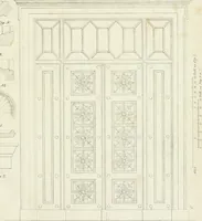 An illustration from Die Mappe des Bautischlers : oder, Ideen zu Thorwegen, Hausthüren, Doppelthüren, Vorsetzern, Stubenthüren, Gewölbethüren, Glasthüren, Bogen- und andern Fenstern, mit ihrem vergrössert dargestellten Grund- und Profilriss und dem beigefügten Maassstabe : zum Gebrauche für Architecten, Decorateurs, Baugewerken, Tischler, Glaser, Bildhauer und Freunde der Baukunst : mit besonderer Rücksicht auf leichte Ausführbarkeit der im Praktischen oft schwer zu hebenden Schwierigkeiten und auf die Anwendung bei alten, neu zu decorirenden Gebäuden : auch als Vorlegeblätter anwendbar (1832)