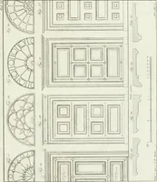 An illustration from Die Mappe des Bautischlers : oder, Ideen zu Thorwegen, Hausthüren, Doppelthüren, Vorsetzern, Stubenthüren, Gewölbethüren, Glasthüren, Bogen- und andern Fenstern, mit ihrem vergrössert dargestellten Grund- und Profilriss und dem beigefügten Maassstabe : zum Gebrauche für Architecten, Decorateurs, Baugewerken, Tischler, Glaser, Bildhauer und Freunde der Baukunst : mit besonderer Rücksicht auf leichte Ausführbarkeit der im Praktischen oft schwer zu hebenden Schwierigkeiten und auf die Anwendung bei alten, neu zu decorirenden Gebäuden : auch als Vorlegeblätter anwendbar (1832)