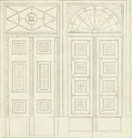An illustration from Die Mappe des Bautischlers : oder, Ideen zu Thorwegen, Hausthüren, Doppelthüren, Vorsetzern, Stubenthüren, Gewölbethüren, Glasthüren, Bogen- und andern Fenstern, mit ihrem vergrössert dargestellten Grund- und Profilriss und dem beigefügten Maassstabe : zum Gebrauche für Architecten, Decorateurs, Baugewerken, Tischler, Glaser, Bildhauer und Freunde der Baukunst : mit besonderer Rücksicht auf leichte Ausführbarkeit der im Praktischen oft schwer zu hebenden Schwierigkeiten und auf die Anwendung bei alten, neu zu decorirenden Gebäuden : auch als Vorlegeblätter anwendbar (1832)