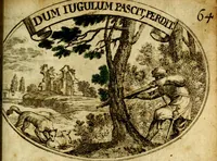 An illustration from Die mit teutschen Saiten überzogene, heilige Kron-Harffe, oder, Verfassung des gantzen Psalter Davids in teutsche Reim-Gebände : vermittelst sonderbarer darzu mit dem basso continuo, neu-verfertigter Kunst-Melodeyen ... (1680)