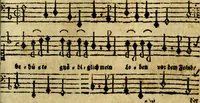 An illustration from Die mit teutschen Saiten überzogene, heilige Kron-Harffe, oder, Verfassung des gantzen Psalter Davids in teutsche Reim-Gebände : vermittelst sonderbarer darzu mit dem basso continuo, neu-verfertigter Kunst-Melodeyen ... (1680)