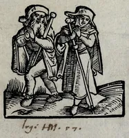 An illustration from Die Rotwelsch Grammatic vnnd Barlen der Wanderschafft : dardurch den Weiszhulmen geuopt, die Hautzin besefelt, vnnd die Horcken vermonet : damit mann stettinger vnd speltling vberkompt im Schrefenboss Johann zu schöcheren vñ mit Riblingen zurürn hab (1545)