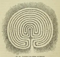 An illustration from Die Trojaburgen Nordeuropas : ihr Zusammenhang mit der indogermanischen Trojasage von der entführten und gefangenen Sonnenfrau (Syrith, Brunhild, Ariadne, Helena) : den Trojaspielen, Schwert- und Labyrinthtänzen zur Feier ihrer Lenzbefreiung (1893)