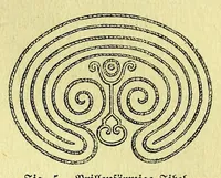 An illustration from Die Trojaburgen Nordeuropas : ihr Zusammenhang mit der indogermanischen Trojasage von der entführten und gefangenen Sonnenfrau (Syrith, Brunhild, Ariadne, Helena) : den Trojaspielen, Schwert- und Labyrinthtänzen zur Feier ihrer Lenzbefreiung (1893)