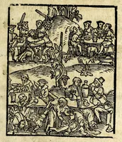 An illustration from Die vier wunderberlichen Eygenschafft vnd Würckung des Weins : ein kürtzweylicher Sprüch : mehr ein newer Spruch von der Jnsel Bachi vnd jrer Eygenschafft (1553)
