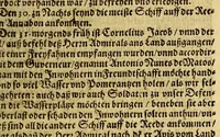 An illustration from Die zwey vnd zwäntzigste Schiffart das ist Historische Eygentliche Beschreibung der gewaltigen, mächtigen Schiffahrt, so vnder dem Admiral Iacob l'Hermite im 1623. 1624. 1625. vnd 1626. Jahr vmb die gantzen Welt beschehen. : Darinn aussführlichen von Adolph Deckern von Strassburg, der dieser Reyss eygner Person beygewohnt, Erzehlt wird, was sich bey solcher vontag zu Tag Merckwürdiges zugetragen vnd vorgangen. Mit vnterschiedlichen Kupfferstücken gezieret (1630)