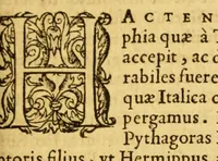 An illustration from Diogenis Laertii de vitis, dogmatis & apophthegmatis eorum qui in philosophia claruerunt, libri X : in quibus plurimi loci integritati suae ex multis vetustis codicibus restituuntur, & ij quibus aliqua deerant, explentur. Cumannotationibus Henr. Stephani. Pythag. Philosophorum fragmenta Cum Latin Interpretatione (1570)