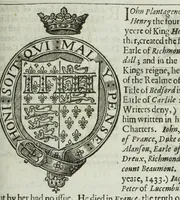 An illustration from A discouerie of errours in the first edition of the Catalogue of nobility, published by Raphe Brooke, Yorke Herald, 1619, and printed heerewith word for word, according to that edition : with a continuance of the successions, from 1619 vntill this present yeare, 1622 : at the end whereof, is annexed a review of a later edition, by him stolne into the world, 1621 (1622)