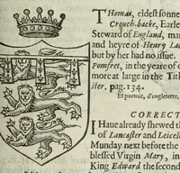 An illustration from A discouerie of errours in the first edition of the Catalogue of nobility, published by Raphe Brooke, Yorke Herald, 1619, and printed heerewith word for word, according to that edition : with a continuance of the successions, from 1619 vntill this present yeare, 1622 : at the end whereof, is annexed a review of a later edition, by him stolne into the world, 1621 (1622)