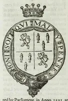 An illustration from A discouerie of errours in the first edition of the Catalogue of nobility, published by Raphe Brooke, Yorke Herald, 1619, and printed heerewith word for word, according to that edition : with a continuance of the successions, from 1619 vntill this present yeare, 1622 : at the end whereof, is annexed a review of a later edition, by him stolne into the world, 1621 (1622)