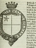 An illustration from A discouerie of errours in the first edition of the Catalogue of nobility, published by Raphe Brooke, Yorke Herald, 1619, and printed heerewith word for word, according to that edition : with a continuance of the successions, from 1619 vntill this present yeare, 1622 : at the end whereof, is annexed a review of a later edition, by him stolne into the world, 1621 (1622)