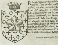 An illustration from A discouerie of errours in the first edition of the Catalogue of nobility, published by Raphe Brooke, Yorke Herald, 1619, and printed heerewith word for word, according to that edition : with a continuance of the successions, from 1619 vntill this present yeare, 1622 : at the end whereof, is annexed a review of a later edition, by him stolne into the world, 1621 (1622)