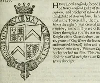 An illustration from A discouerie of errours in the first edition of the Catalogue of nobility, published by Raphe Brooke, Yorke Herald, 1619, and printed heerewith word for word, according to that edition : with a continuance of the successions, from 1619 vntill this present yeare, 1622 : at the end whereof, is annexed a review of a later edition, by him stolne into the world, 1621 (1622)