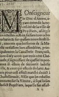 An illustration from Discours de la [bataille] & cruelz assaultz, donnez entre Mont-coutourt, & Heruaulx, et de la tres-memorable victoire obtenüe (par la grace de Diev, & de la bonne conduicte de Monsievr) le lundy troisième iour d'Octobre, M.D.LXIX. Ensemble les noms des regiments des Huguenotz deffaictz, et les noms, de ceux qui sont morts & blesses de la part du Roy. (1569)