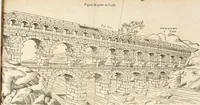 An illustration from Discovrs historial de l'antiqve et illvstre cité de Nismes en la Gaule narbonoise : auec les portraitz des plus antiques & insignes bastimens dudit lieu, reduitz à leur vraye mesure & proportion, ensemble de l'antique & moderne ville (1560)