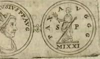 An illustration from Duplex dissertatio de duobus nummis Diocletiani et Licinii : ex cimelijs sereniss. ac reuerendiss. principis Leopoldi Cardinalis Medicei, cum auctario chronologico de votis decennalibus imperatorum ac caesarum (1676)