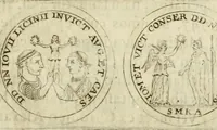 An illustration from Duplex dissertatio de duobus nummis Diocletiani et Licinii : ex cimelijs sereniss. ac reuerendiss. principis Leopoldi Cardinalis Medicei, cum auctario chronologico de votis decennalibus imperatorum ac caesarum (1676)