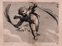 An illustration from Diuerses figures à l'eau forte de petits amours, anges vollants, et enfans : propre a mettre sur frontons, portes et autres lieux : ensemble, plus.rs sortes des masques (1644)