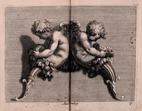 An illustration from Diuerses figures à l'eau forte de petits amours, anges vollants, et enfans : propre a mettre sur frontons, portes et autres lieux : ensemble, plus.rs sortes des masques (1644)