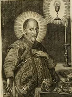 An illustration from Divo Francisco Borgiæ è Duce Gandiæ tertio, Soc. Jesu generali, à Clemente X Pont. Max. sanctorum clitum fastis ad scripto, Encomia emblemate, prosa, versu in de salvatoris Soc. Iesv ad S. Clementem, publice affixa in perpetuum amoris monumentum re ac typis incidi fecerunt, dum philosophum eius auspicys cptam primâ laureâ coronarent (1672)