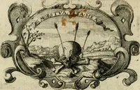 An illustration from Divo Francisco Borgiæ è Duce Gandiæ tertio, Soc. Jesu generali, à Clemente X Pont. Max. sanctorum clitum fastis ad scripto, Encomia emblemate, prosa, versu in de salvatoris Soc. Iesv ad S. Clementem, publice affixa in perpetuum amoris monumentum re ac typis incidi fecerunt, dum philosophum eius auspicys cptam primâ laureâ coronarent (1672)