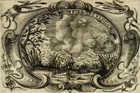 An illustration from Divo Francisco Borgiæ è Duce Gandiæ tertio, Soc. Jesu generali, à Clemente X Pont. Max. sanctorum clitum fastis ad scripto, Encomia emblemate, prosa, versu in de salvatoris Soc. Iesv ad S. Clementem, publice affixa in perpetuum amoris monumentum re ac typis incidi fecerunt, dum philosophum eius auspicys cptam primâ laureâ coronarent (1672)