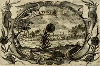 An illustration from Divo Francisco Borgiæ è Duce Gandiæ tertio, Soc. Jesu generali, à Clemente X Pont. Max. sanctorum clitum fastis ad scripto, Encomia emblemate, prosa, versu in de salvatoris Soc. Iesv ad S. Clementem, publice affixa in perpetuum amoris monumentum re ac typis incidi fecerunt, dum philosophum eius auspicys cptam primâ laureâ coronarent (1672)