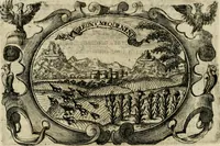 An illustration from Divo Francisco Borgiæ è Duce Gandiæ tertio, Soc. Jesu generali, à Clemente X Pont. Max. sanctorum clitum fastis ad scripto, Encomia emblemate, prosa, versu in de salvatoris Soc. Iesv ad S. Clementem, publice affixa in perpetuum amoris monumentum re ac typis incidi fecerunt, dum philosophum eius auspicys cptam primâ laureâ coronarent (1672)