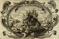 An illustration from Divo Francisco Borgiæ è Duce Gandiæ tertio, Soc. Jesu generali, à Clemente X Pont. Max. sanctorum clitum fastis ad scripto, Encomia emblemate, prosa, versu in de salvatoris Soc. Iesv ad S. Clementem, publice affixa in perpetuum amoris monumentum re ac typis incidi fecerunt, dum philosophum eius auspicys cptam primâ laureâ coronarent (1672)