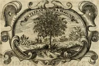 An illustration from Divo Francisco Borgiæ è Duce Gandiæ tertio, Soc. Jesu generali, à Clemente X Pont. Max. sanctorum clitum fastis ad scripto, Encomia emblemate, prosa, versu in de salvatoris Soc. Iesv ad S. Clementem, publice affixa in perpetuum amoris monumentum re ac typis incidi fecerunt, dum philosophum eius auspicys cptam primâ laureâ coronarent (1672)