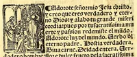 An illustration from Doctrina christiana en la lengua guasteca co[n] la lengua castellana, : la guasteca correspondiente acada palabra: de guasteco: segun q[ue] se pudo tolerar en la frasis: de la lengua guasteca: (1571)