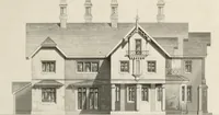 An illustration from Domestic architecture, being a series of designs for mansions, villas, rectory houses, parsonage houses, bailiffs' lodge, gardener's lodge, game-keeper's lodge, park gate lodges, etc. in the Grecian, Italian, and old English styles of architecture. With observations on the appropriate choice of site; the whole designed with strict reference to the practicability of erection, and with due attention to the important consideration of uniting elegance, convenience and domestic comfort with economy ... With accurate estimates appended to each design (1833)
