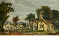 An illustration from Domestic architecture, being a series of designs for mansions, villas, rectory houses, parsonage houses, bailiffs' lodge, gardener's lodge, game-keeper's lodge, park gate lodges, etc. in the Grecian, Italian, and old English styles of architecture. With observations on the appropriate choice of site; the whole designed with strict reference to the practicability of erection, and with due attention to the important consideration of uniting elegance, convenience and domestic comfort with economy ... With accurate estimates appended to each design (1833)