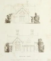 An illustration from Domestic architecture, being a series of designs for mansions, villas, rectory houses, parsonage houses, bailiffs' lodge, gardener's lodge, game-keeper's lodge, park gate lodges, etc. in the Grecian, Italian, and old English styles of architecture. With observations on the appropriate choice of site; the whole designed with strict reference to the practicability of erection, and with due attention to the important consideration of uniting elegance, convenience and domestic comfort with economy ... With accurate estimates appended to each design (1833)