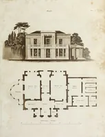 An illustration from Domestic architecture, being a series of designs for mansions, villas, rectory houses, parsonage houses, bailiffs' lodge, gardener's lodge, game-keeper's lodge, park gate lodges, etc. in the Grecian, Italian, and old English styles of architecture. With observations on the appropriate choice of site; the whole designed with strict reference to the practicability of erection, and with due attention to the important consideration of uniting elegance, convenience and domestic comfort with economy ... With accurate estimates appended to each design (1833)