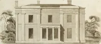 An illustration from Domestic architecture, being a series of designs for mansions, villas, rectory houses, parsonage houses, bailiffs' lodge, gardener's lodge, game-keeper's lodge, park gate lodges, etc. in the Grecian, Italian, and old English styles of architecture. With observations on the appropriate choice of site; the whole designed with strict reference to the practicability of erection, and with due attention to the important consideration of uniting elegance, convenience and domestic comfort with economy ... With accurate estimates appended to each design (1833)