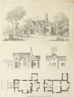 An illustration from Domestic architecture, being a series of designs, for mansions, villas, rectory houses, parsonage houses, bailiff's lodge, gardener's lodge, game-keeper's lodge, park-gate lodges, etc., in the Grecian, Italian, and old English style of architecture : with observations on the appropriate choice of site, the whole designed with strict reference to the practicability of erection, and with due attention to the important consideration of uniting elegance, convenience and domestic comfort with economy, the whole being the result of upwards of thirty years professional experience : with accurate estimates appended to each design (1850)