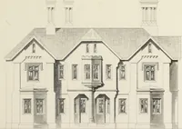 An illustration from Domestic architecture, being a series of designs, for mansions, villas, rectory houses, parsonage houses, bailiff's lodge, gardener's lodge, game-keeper's lodge, park-gate lodges, etc., in the Grecian, Italian, and old English style of architecture : with observations on the appropriate choice of site, the whole designed with strict reference to the practicability of erection, and with due attention to the important consideration of uniting elegance, convenience and domestic comfort with economy, the whole being the result of upwards of thirty years professional experience : with accurate estimates appended to each design (1850)
