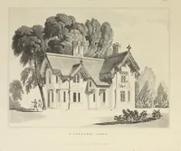 An illustration from Domestic architecture, being a series of designs, for mansions, villas, rectory houses, parsonage houses, bailiff's lodge, gardener's lodge, game-keeper's lodge, park-gate lodges, etc., in the Grecian, Italian, and old English style of architecture : with observations on the appropriate choice of site, the whole designed with strict reference to the practicability of erection, and with due attention to the important consideration of uniting elegance, convenience and domestic comfort with economy, the whole being the result of upwards of thirty years professional experience : with accurate estimates appended to each design (1850)