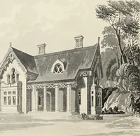 An illustration from Domestic architecture, being a series of designs, for mansions, villas, rectory houses, parsonage houses, bailiff's lodge, gardener's lodge, game-keeper's lodge, park-gate lodges, etc., in the Grecian, Italian, and old English style of architecture : with observations on the appropriate choice of site, the whole designed with strict reference to the practicability of erection, and with due attention to the important consideration of uniting elegance, convenience and domestic comfort with economy, the whole being the result of upwards of thirty years professional experience : with accurate estimates appended to each design (1850)
