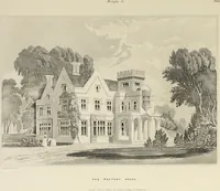 An illustration from Domestic architecture, being a series of designs, for mansions, villas, rectory houses, parsonage houses, bailiff's lodge, gardener's lodge, game-keeper's lodge, park-gate lodges, etc., in the Grecian, Italian, and old English style of architecture : with observations on the appropriate choice of site, the whole designed with strict reference to the practicability of erection, and with due attention to the important consideration of uniting elegance, convenience and domestic comfort with economy, the whole being the result of upwards of thirty years professional experience : with accurate estimates appended to each design (1850)