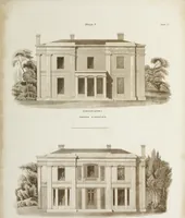 An illustration from Domestic architecture, being a series of designs, for mansions, villas, rectory houses, parsonage houses, bailiff's lodge, gardener's lodge, game-keeper's lodge, park-gate lodges, etc., in the Grecian, Italian, and old English style of architecture : with observations on the appropriate choice of site, the whole designed with strict reference to the practicability of erection, and with due attention to the important consideration of uniting elegance, convenience and domestic comfort with economy, the whole being the result of upwards of thirty years professional experience : with accurate estimates appended to each design (1850)