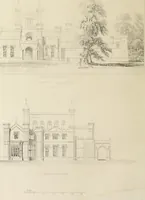 An illustration from Domestic architecture, being a series of designs, for mansions, villas, rectory houses, parsonage houses, bailiff's lodge, gardener's lodge, game-keeper's lodge, park-gate lodges, etc., in the Grecian, Italian, and old English style of architecture : with observations on the appropriate choice of site, the whole designed with strict reference to the practicability of erection, and with due attention to the important consideration of uniting elegance, convenience and domestic comfort with economy, the whole being the result of upwards of thirty years professional experience : with accurate estimates appended to each design (1850)