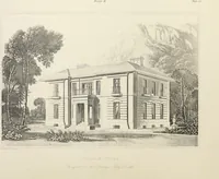 An illustration from Domestic architecture, being a series of designs, for mansions, villas, rectory houses, parsonage houses, bailiff's lodge, gardener's lodge, game-keeper's lodge, park-gate lodges, etc., in the Grecian, Italian, and old English style of architecture : with observations on the appropriate choice of site, the whole designed with strict reference to the practicability of erection, and with due attention to the important consideration of uniting elegance, convenience and domestic comfort with economy, the whole being the result of upwards of thirty years professional experience : with accurate estimates appended to each design (1850)