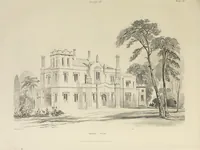 An illustration from Domestic architecture, being a series of designs, for mansions, villas, rectory houses, parsonage houses, bailiff's lodge, gardener's lodge, game-keeper's lodge, park-gate lodges, etc., in the Grecian, Italian, and old English style of architecture : with observations on the appropriate choice of site, the whole designed with strict reference to the practicability of erection, and with due attention to the important consideration of uniting elegance, convenience and domestic comfort with economy, the whole being the result of upwards of thirty years professional experience : with accurate estimates appended to each design (1850)